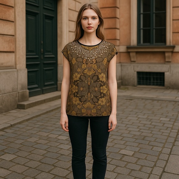 Adrienne Vittadini Women’s Top Blouse Small Brown Gold Floral Beaded Embellished - Picture 1 of 8
